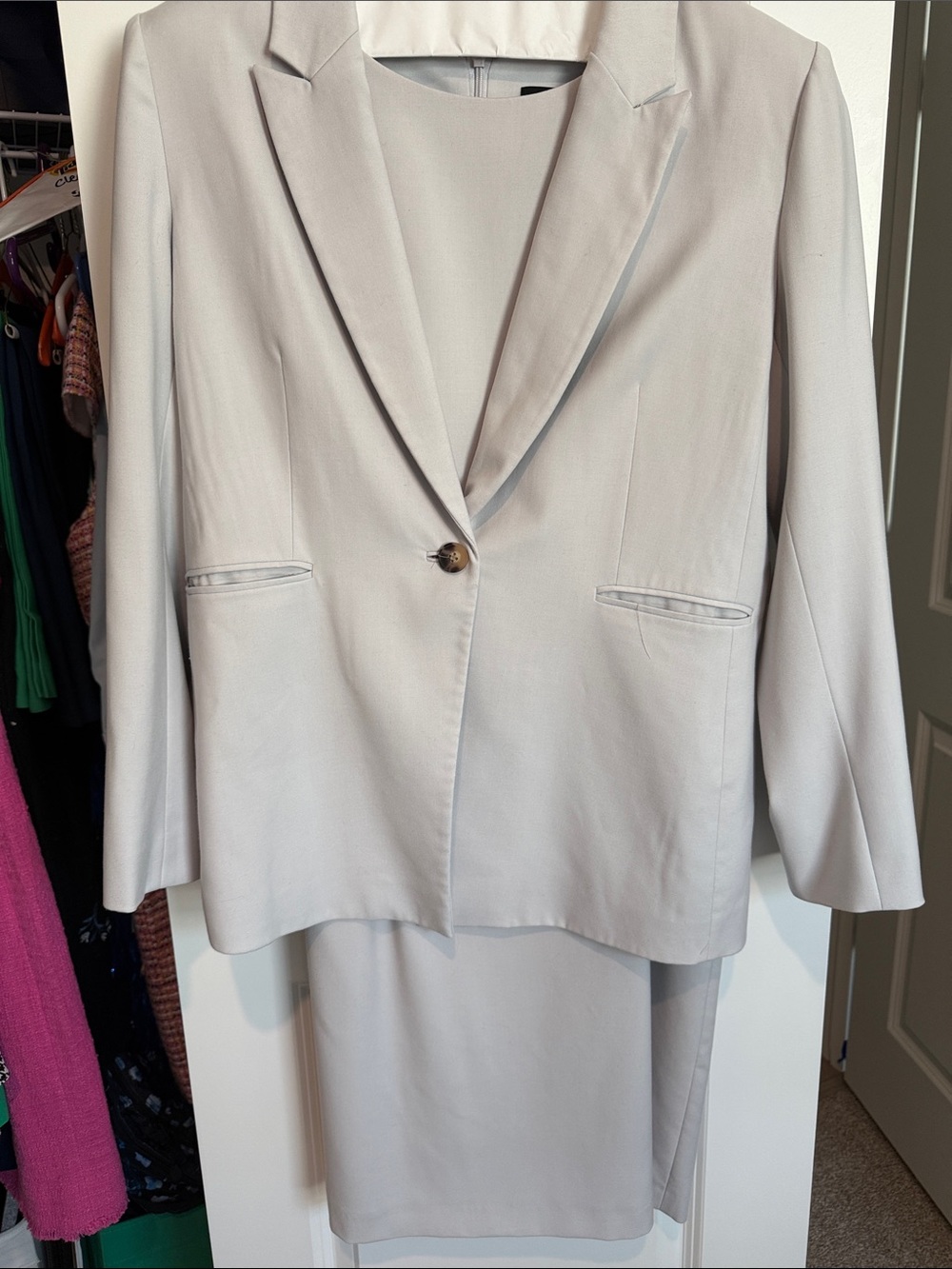Alex Marie Light Gray Single-Button Suit Blazer with Skirt